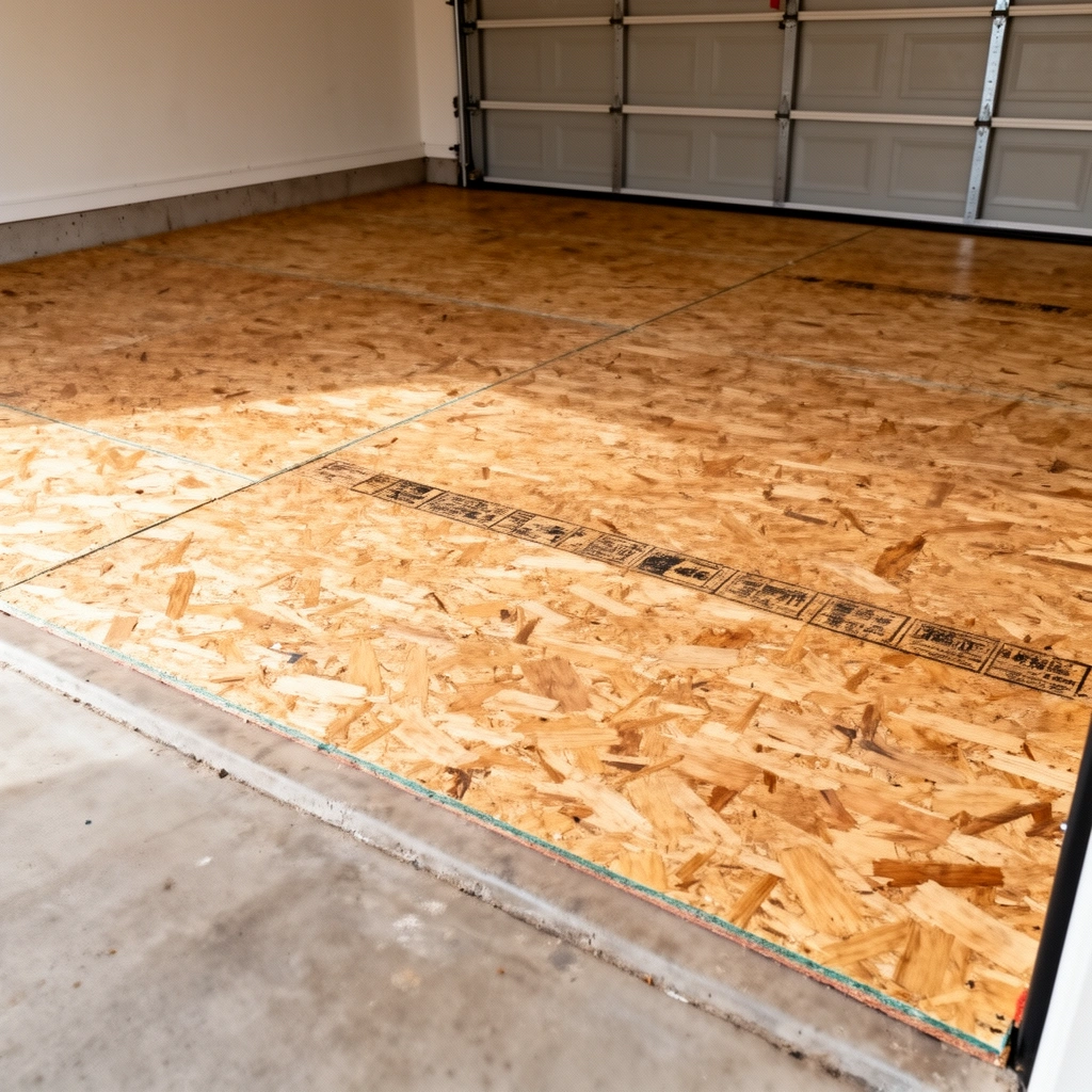 Checking plywood stability and moisture levels before installing garage floors.