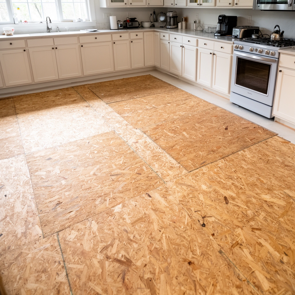 Inspecting the plywood subfloor for flatness, firmness, and proper fastening before kitchen floor installation.