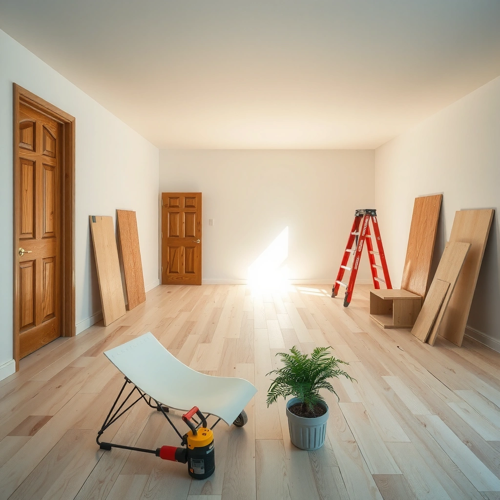 Measuring the flatness and condition of a plywood subfloor before installing laminate flooring.