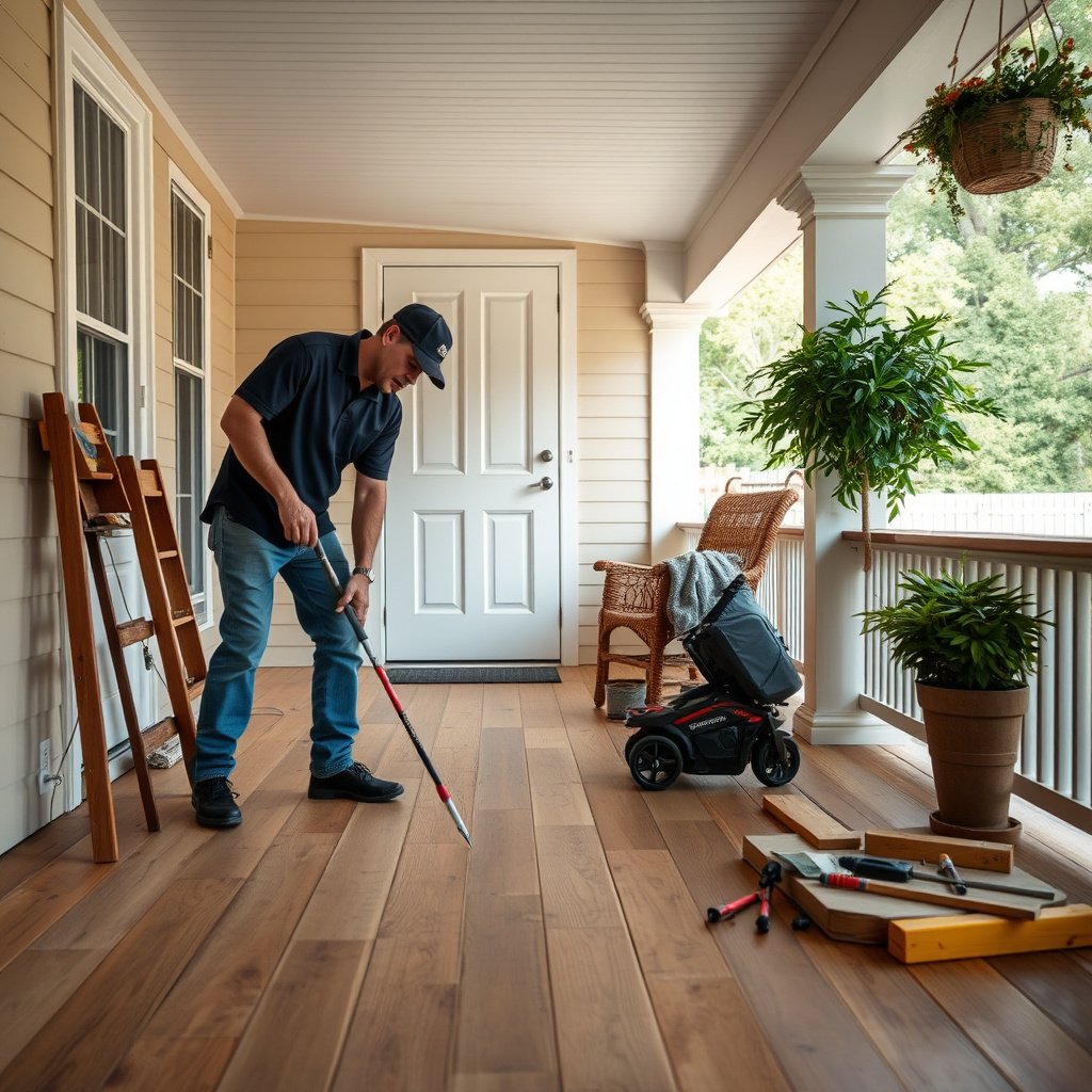 Inspecting porch conditions prior to removing engineered wood floors for replacement.