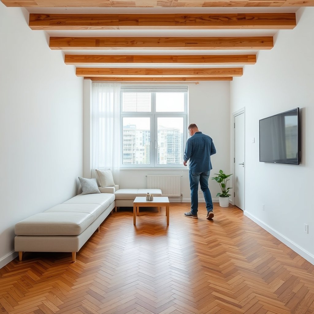 Inspecting vinyl floors for slip risks in high-traffic areas of an apartment.