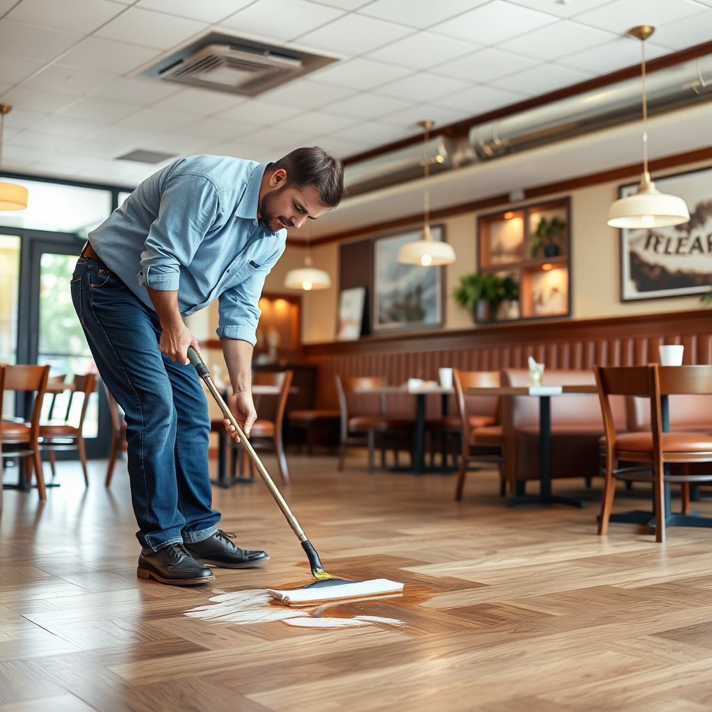 Inspecting a stain on laminate floor and applying protection to the floor finish in a restaurant setting.