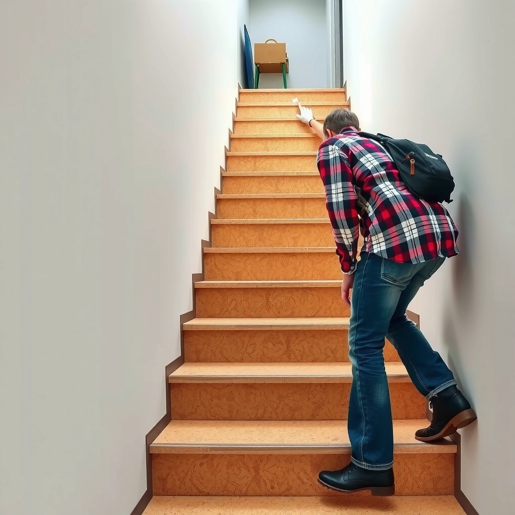 Inspecting stair conditions to ensure compatibility with cork flooring installation.