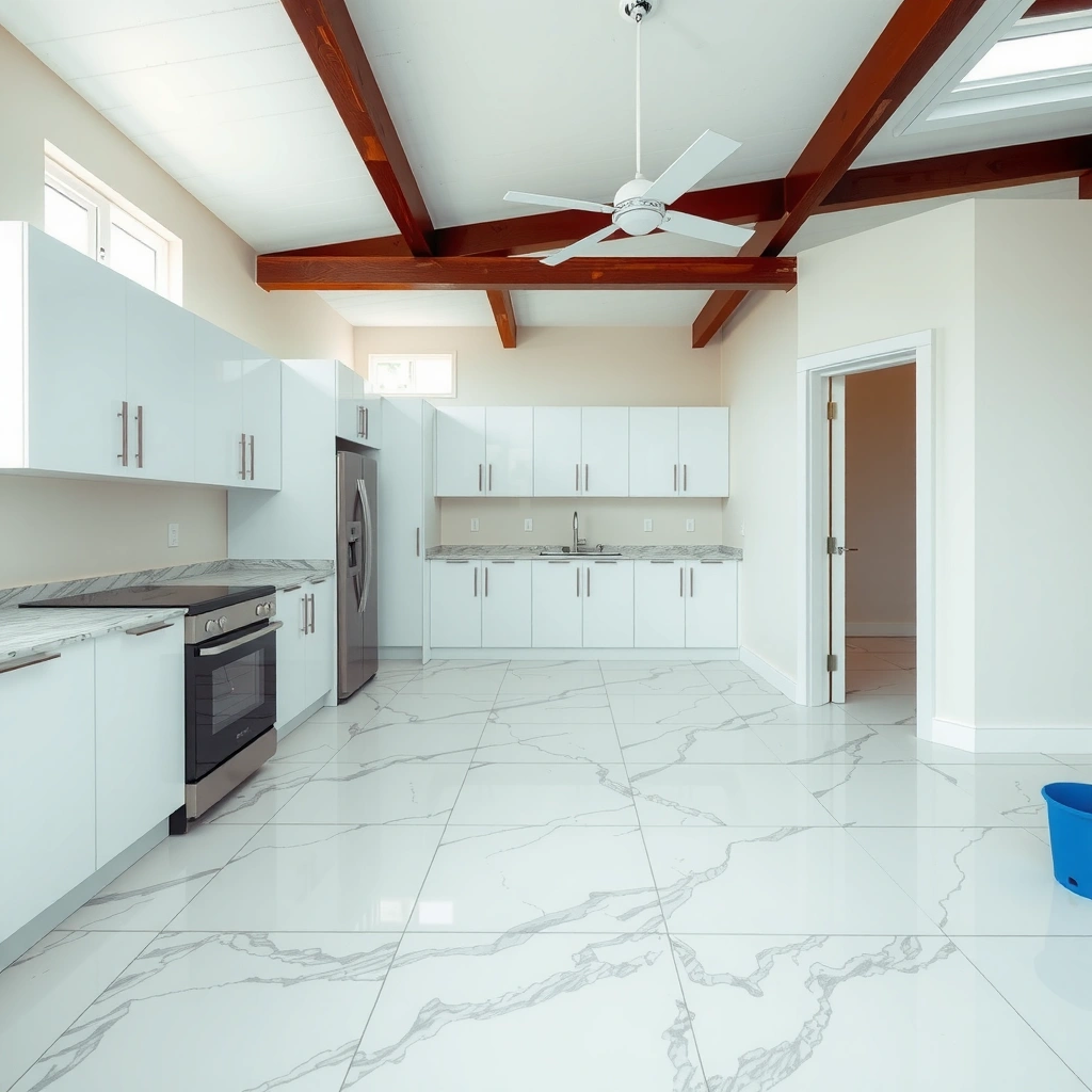 Inspecting subfloor flatness, moisture, and stability before installing marble floors in a kitchen.