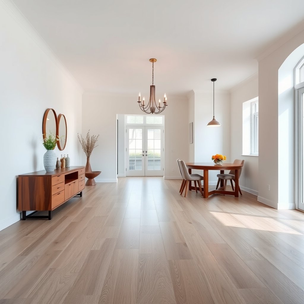 A person measuring the flatness of a subfloor before installing vinyl flooring in a dining room.