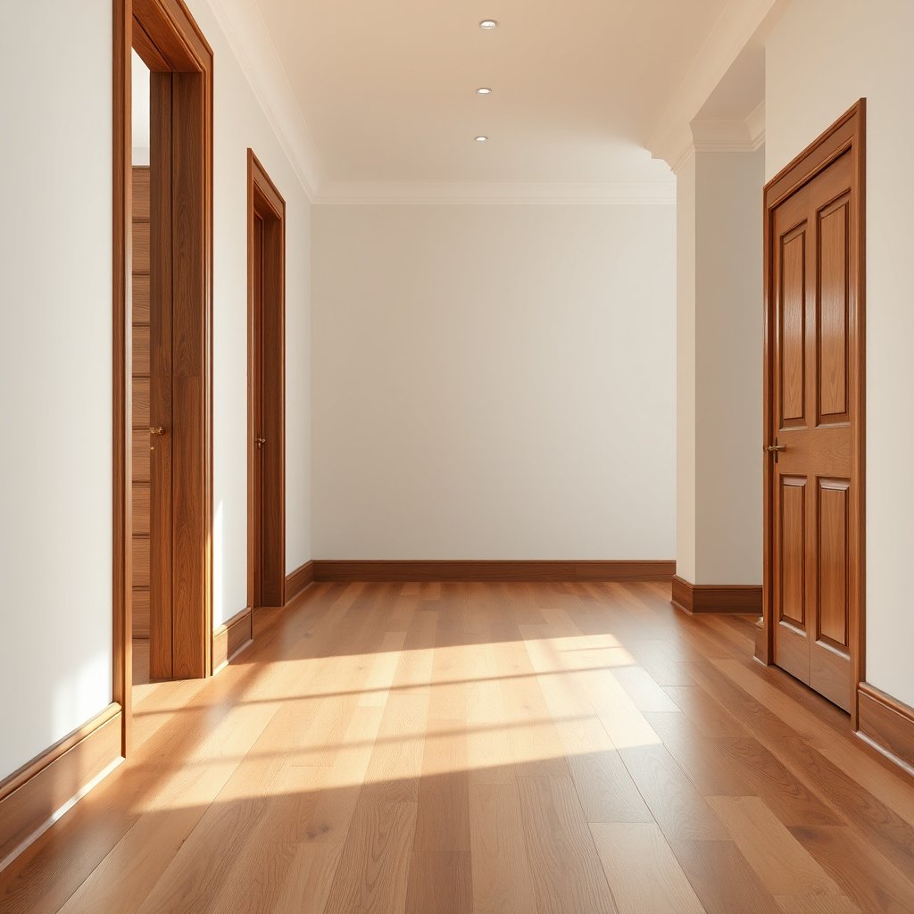 Inspecting subfloor for flatness and moisture levels before installing engineered wood floors in a hallway.