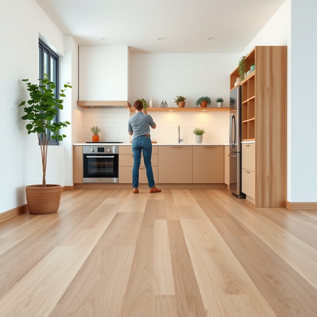 Measuring the flatness and moisture of a subfloor before installing vinyl flooring in the kitchen.