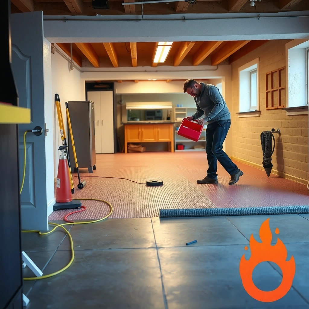 Checking moisture and condition of the subfloor before installing rubber floors in a basement.