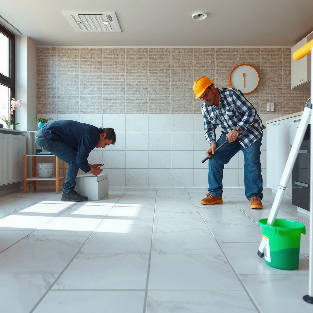 Inspecting the condition of existing tiles before installing granite floors over them.