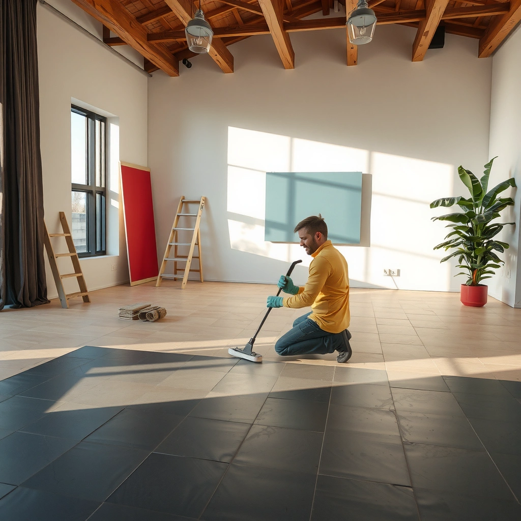 Person checking tile condition for installing rubber floors over existing tiles