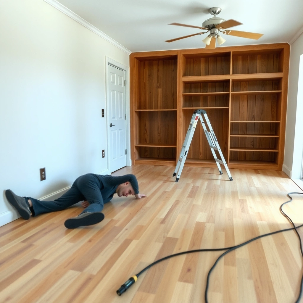 Measuring tools on uneven floors to assess flatness before hardwood floor installation.
