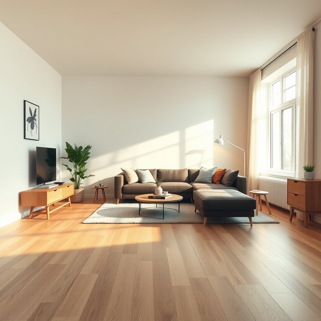 A homeowner checking different vinyl flooring types and planning the layout for a living room renovation