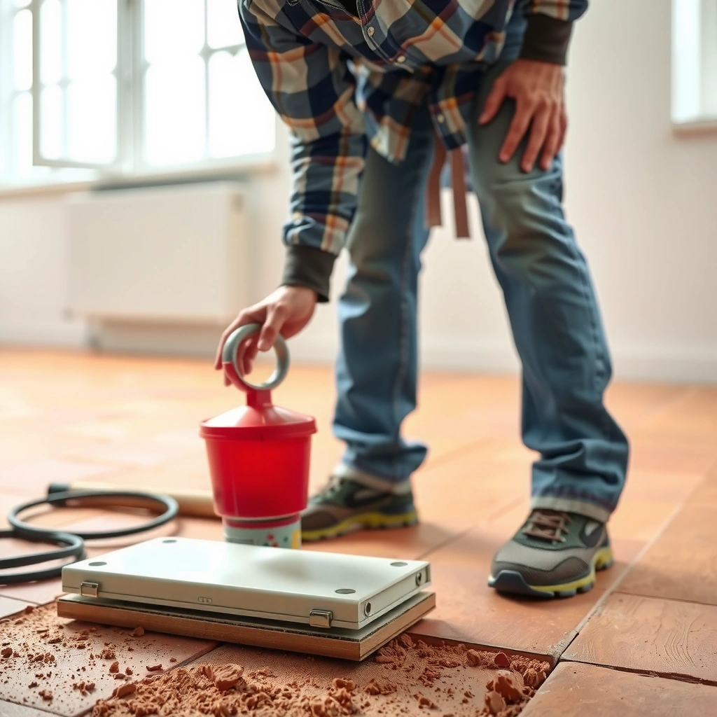 Inspecting lifting terracotta floor tiles to identify the cause of the issue.