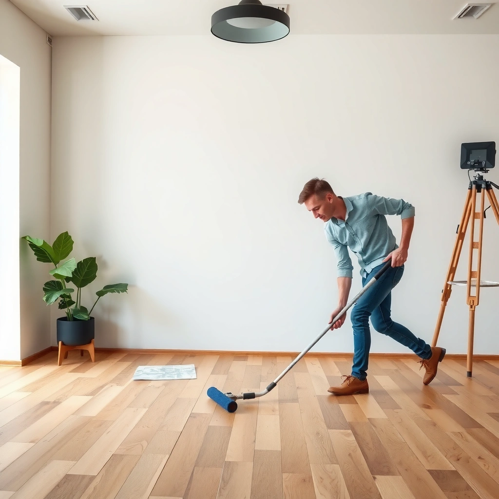 A homeowner inspecting the finish of engineered wood floors before polishing them.