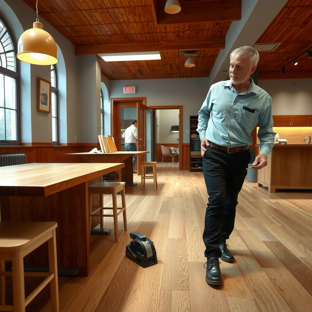 Inspecting hardwood floor for damage and wear before sanding and refinishing process.