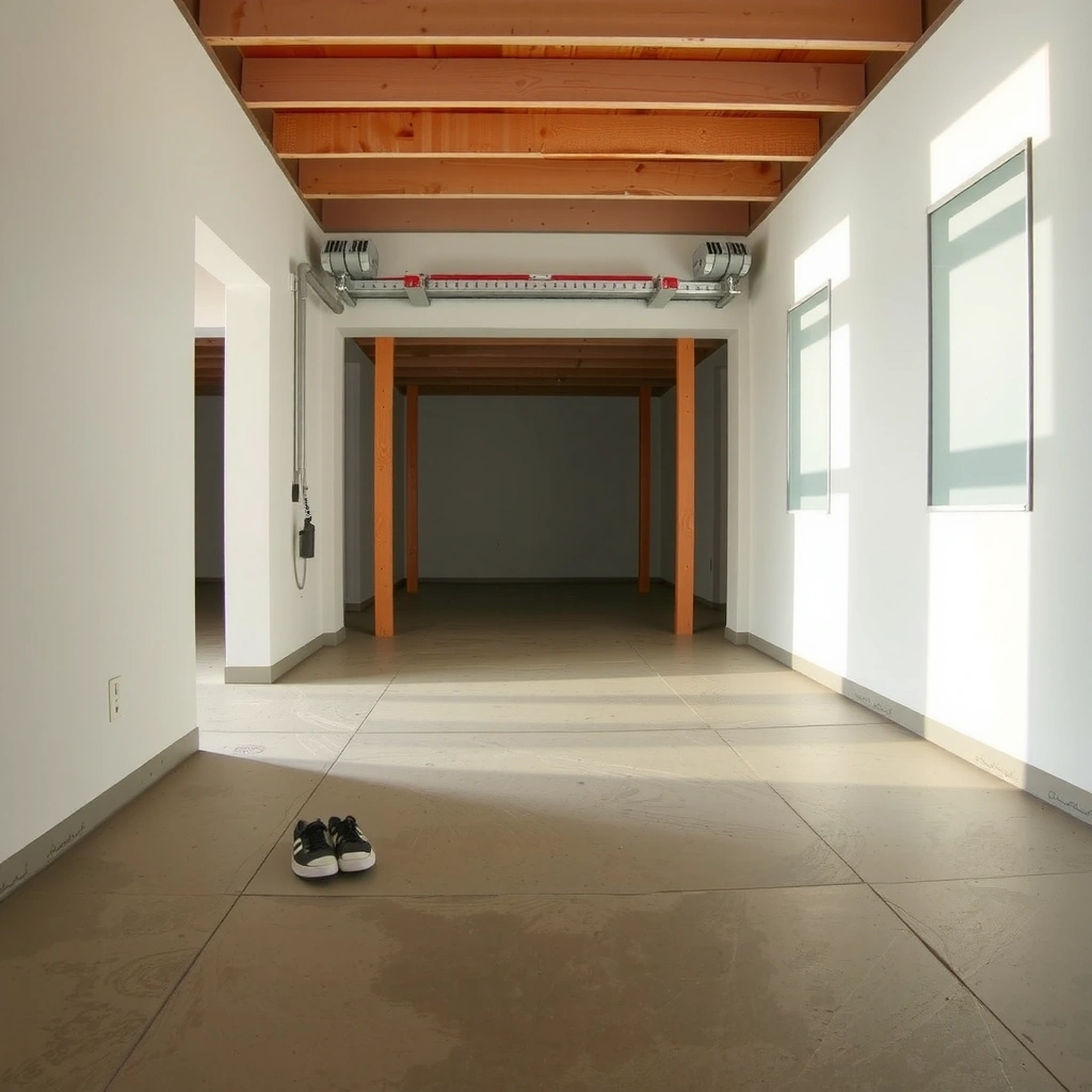 A person checking the flatness and moisture level of concrete before installing underlayment.