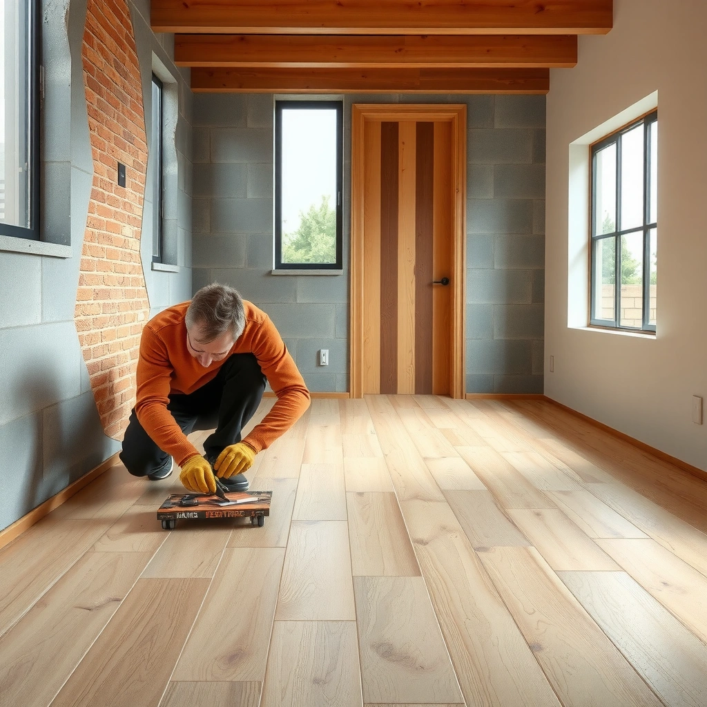 Checking moisture levels and slab flatness for engineered wood floor installation over concrete.