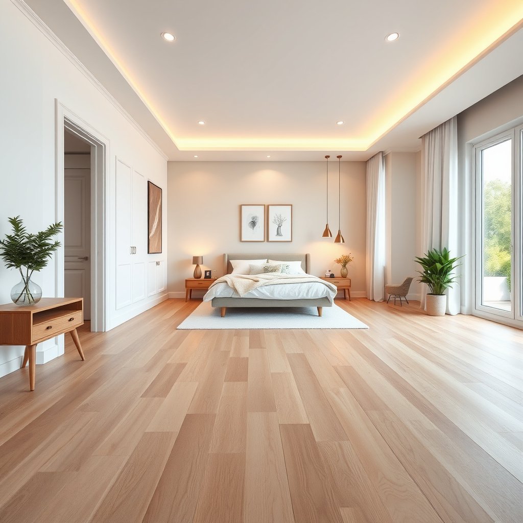 A level tool on a subfloor to check its flatness before hardwood floor installation.