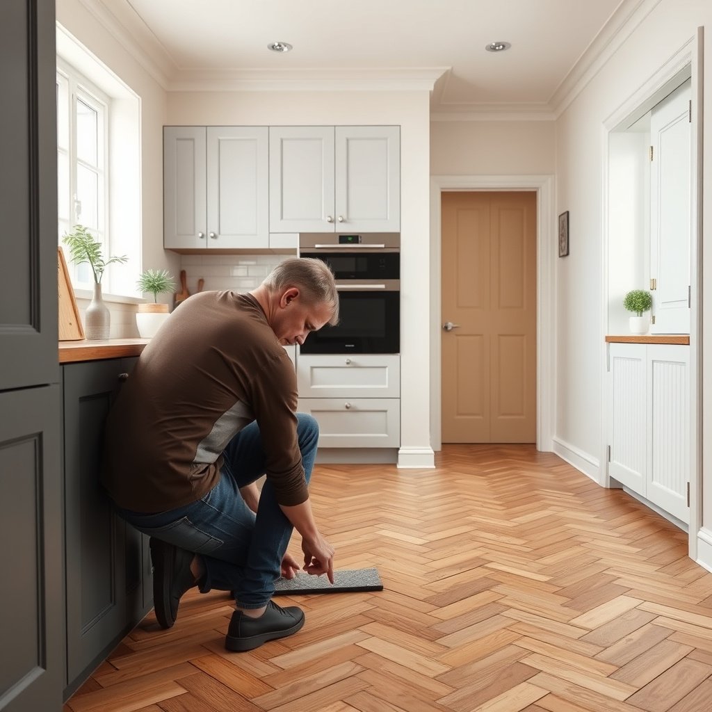 Inspecting the subfloor for flatness and moisture before installing herringbone floors in a kitchen.