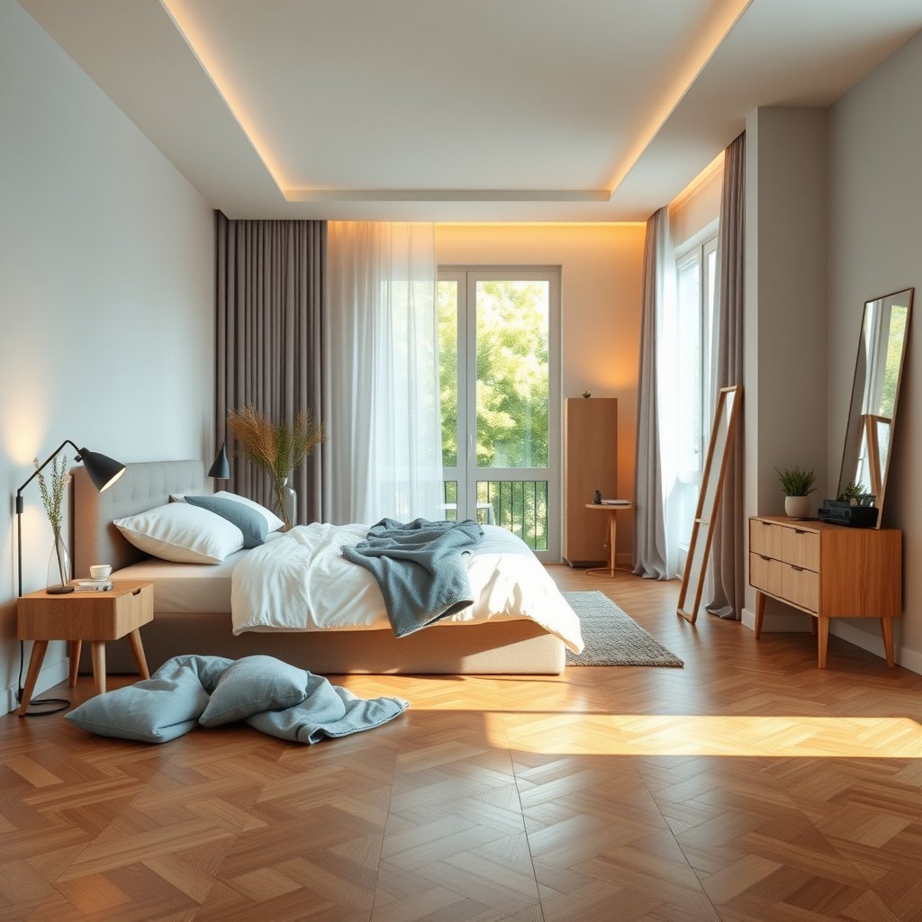 Inspecting the subfloor and acclimating parquet flooring for bedroom installation
