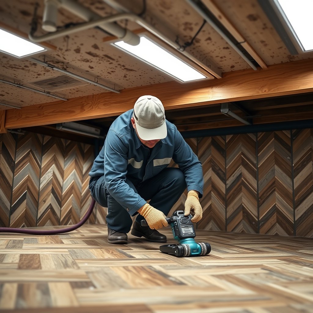 Installation details showing techniques to prevent water trapping under chevron floors