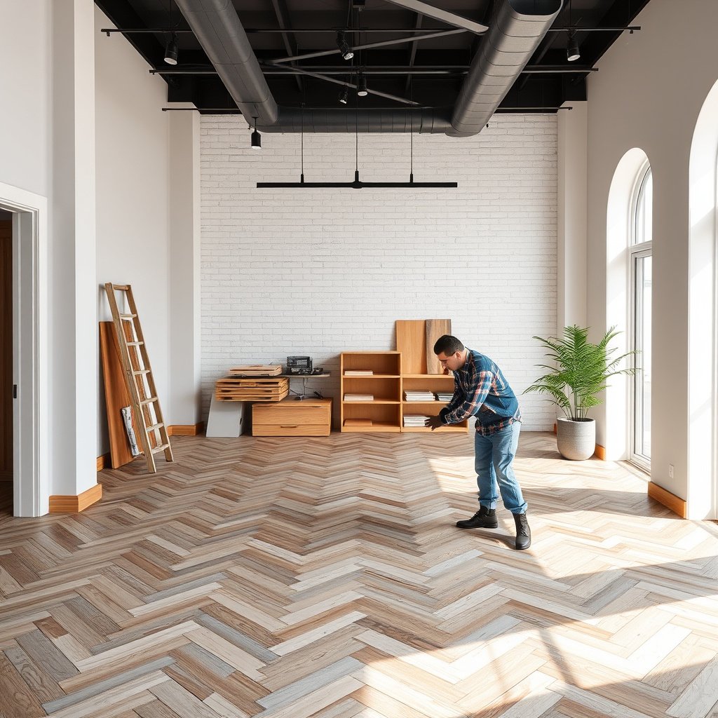 Planning chevron floor layout with selected materials for installation.
