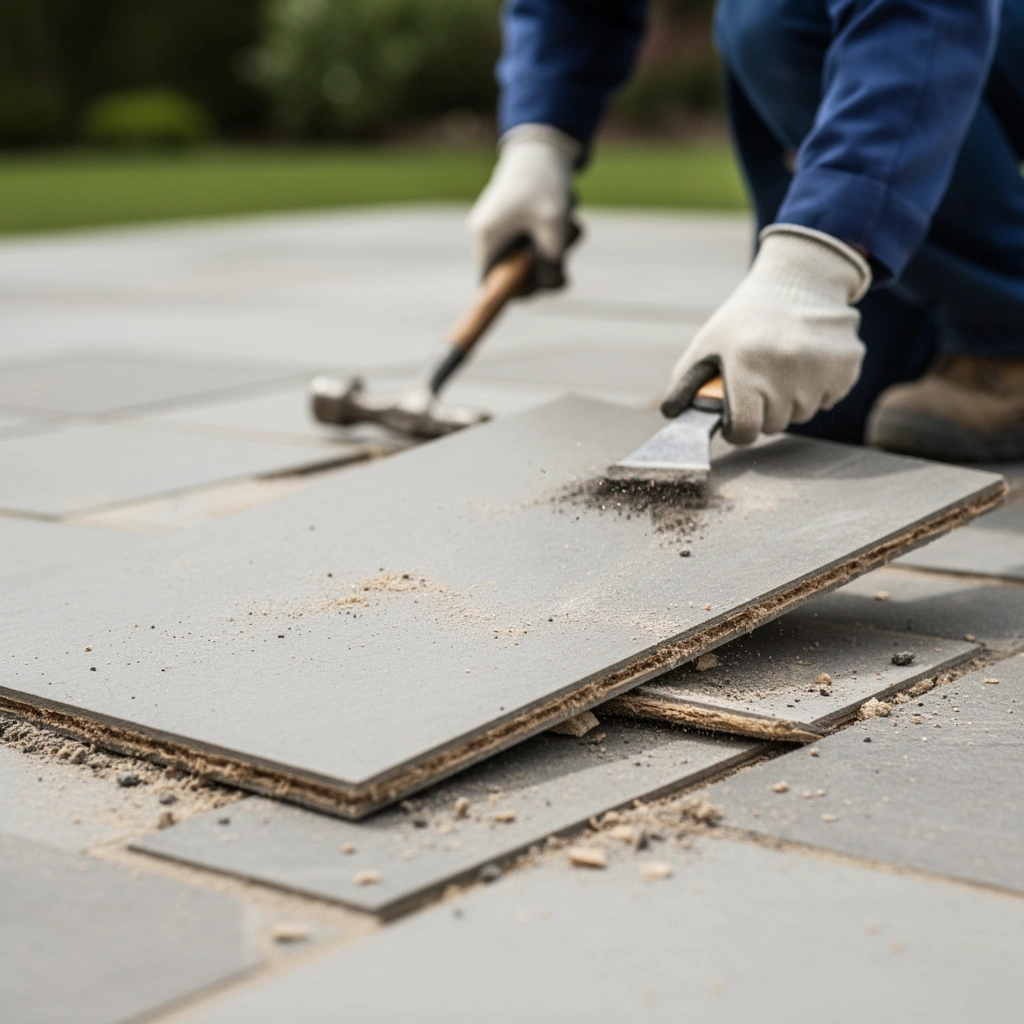 A person selecting the best disposal options for patio floors in a safe and legal manner.