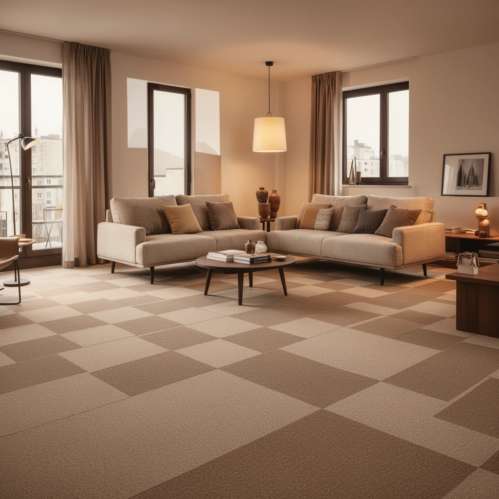 Different types of carpet tiles and installation methods for living room flooring.