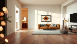 A stylish living room featuring cork flooring, showcasing its natural beauty and comfort.