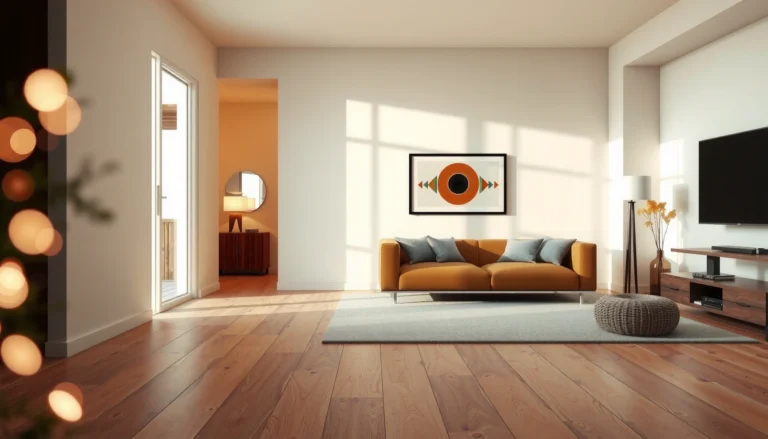 A stylish living room featuring cork flooring, showcasing its natural beauty and comfort.