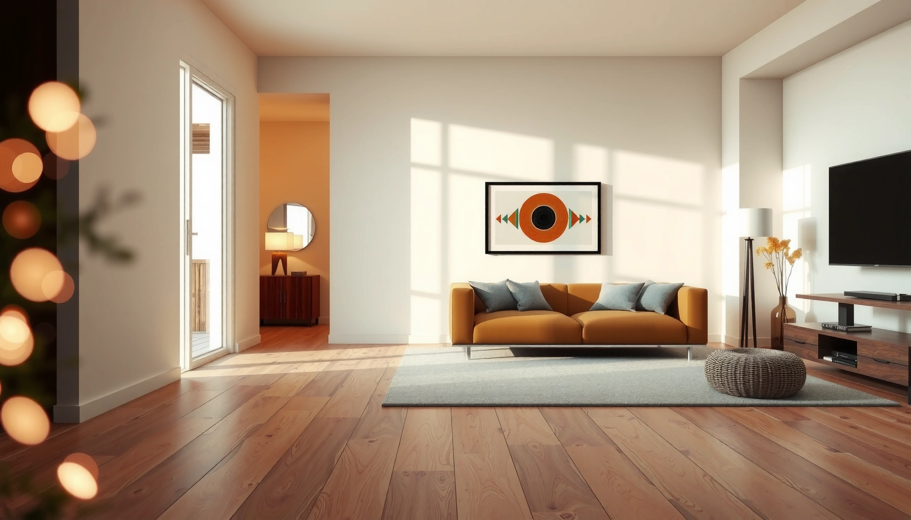 A stylish living room featuring cork flooring, showcasing its natural beauty and comfort.