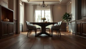 A stylish dining room featuring engineered wood floors, showcasing design and flooring options.