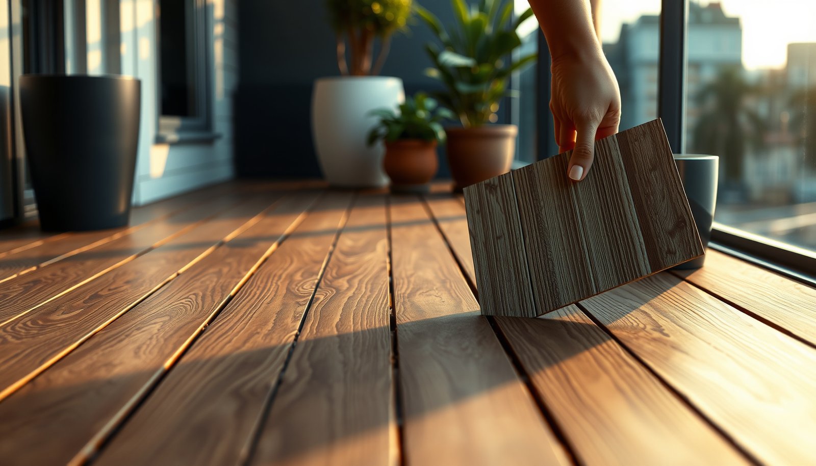 A balcony featuring stylish engineered wood floors suitable for outdoor spaces.