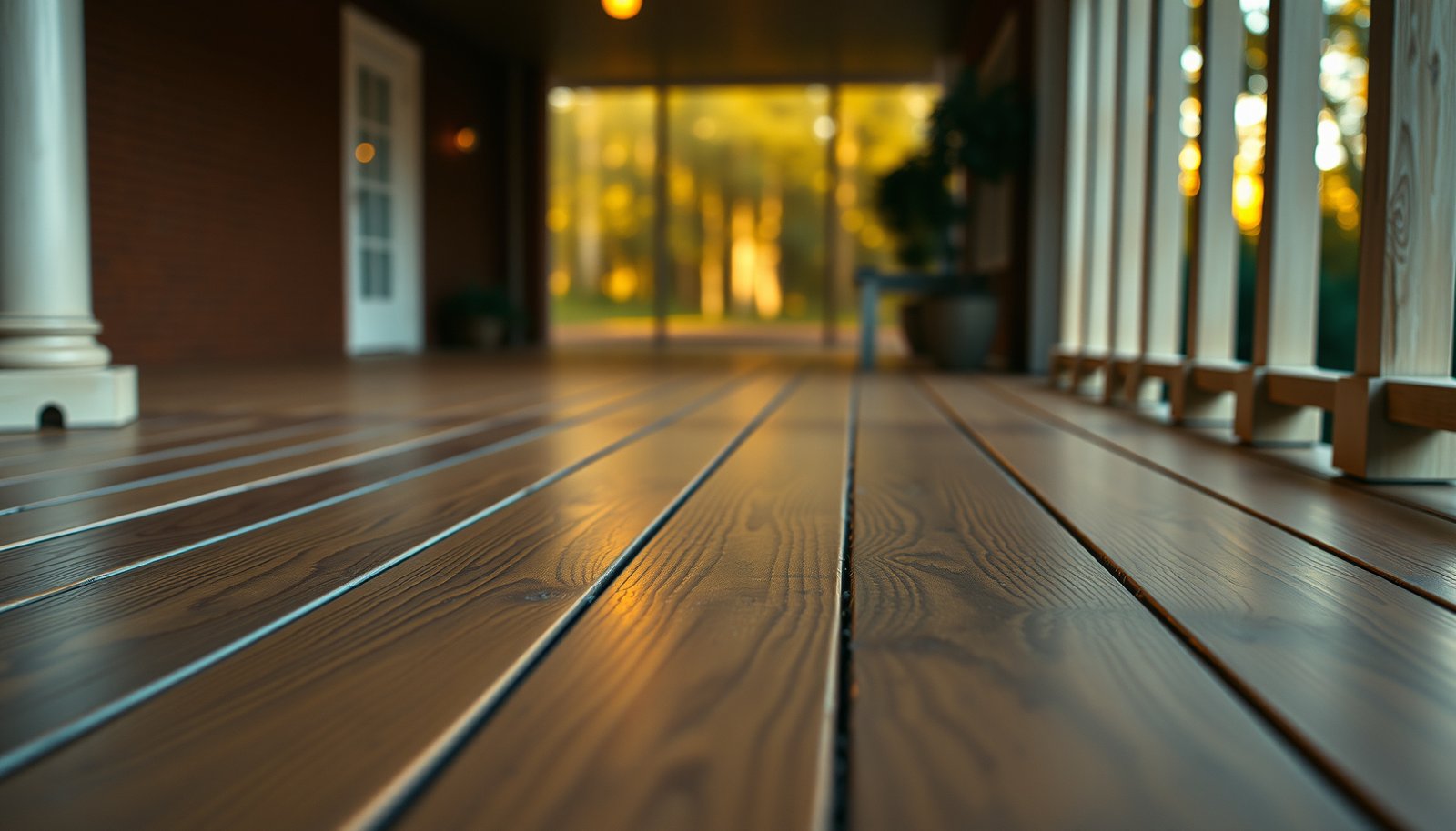 Engineered wood floors displayed on a porch, showcasing options for outdoor flooring.