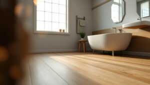 Guide on selecting engineered wood floors for a bathroom with design tips and considerations