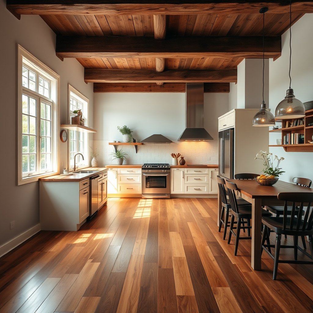 Different protective finishes for hardwood floors in a kitchen