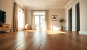 A beautifully designed living room showcasing various hardwood floor options for selection.