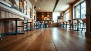 A stylish restaurant interior showcasing hardwood flooring options for dining spaces.