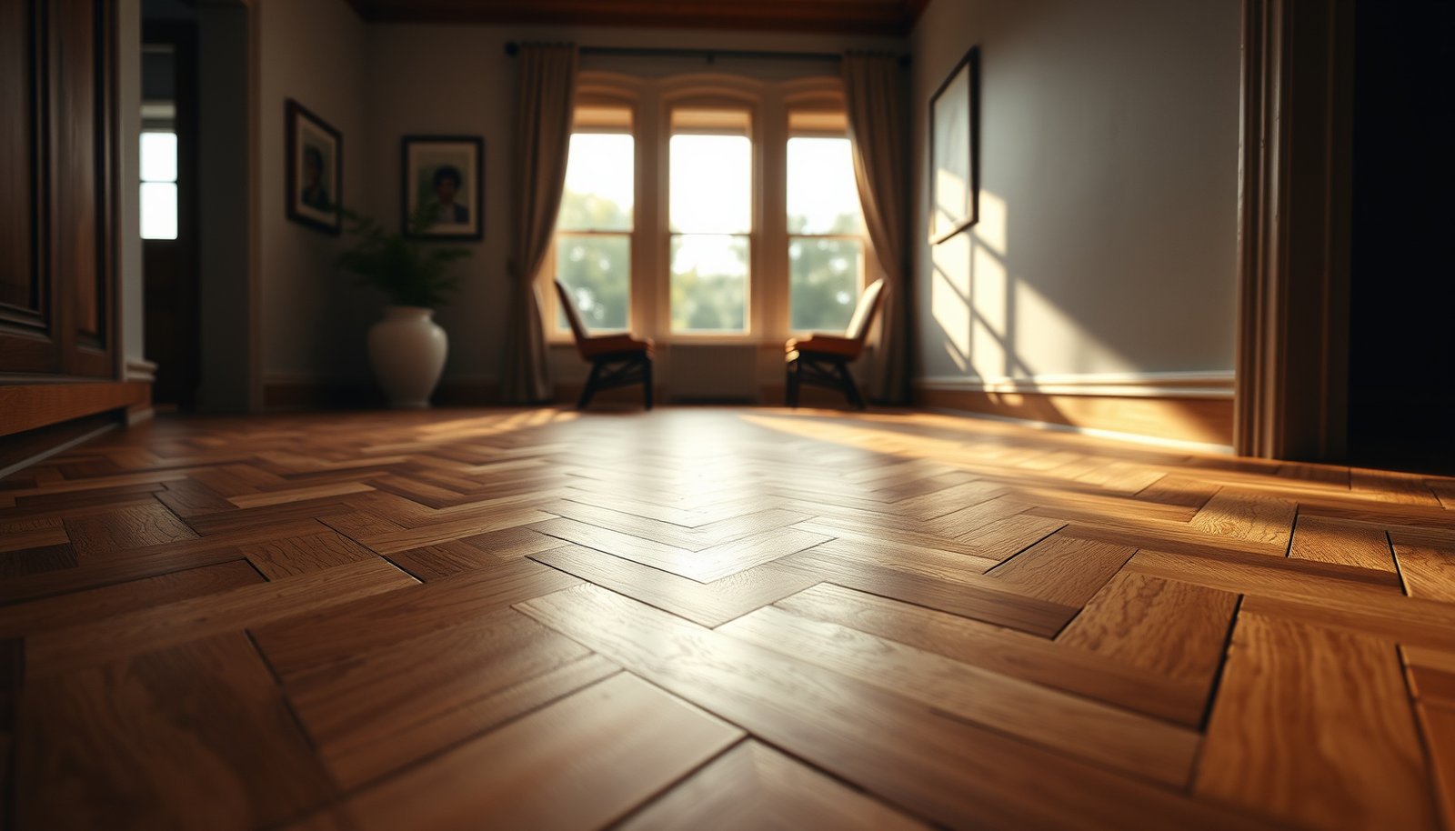 A stylish herringbone floor showcasing various materials and design options for flooring.