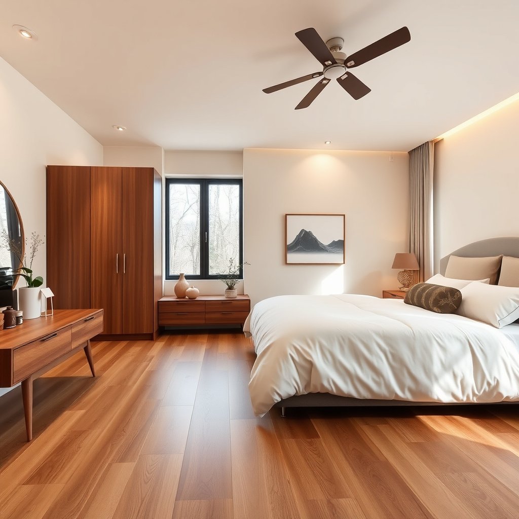 Different installation methods for wide-plank wood floors in a bedroom setting.