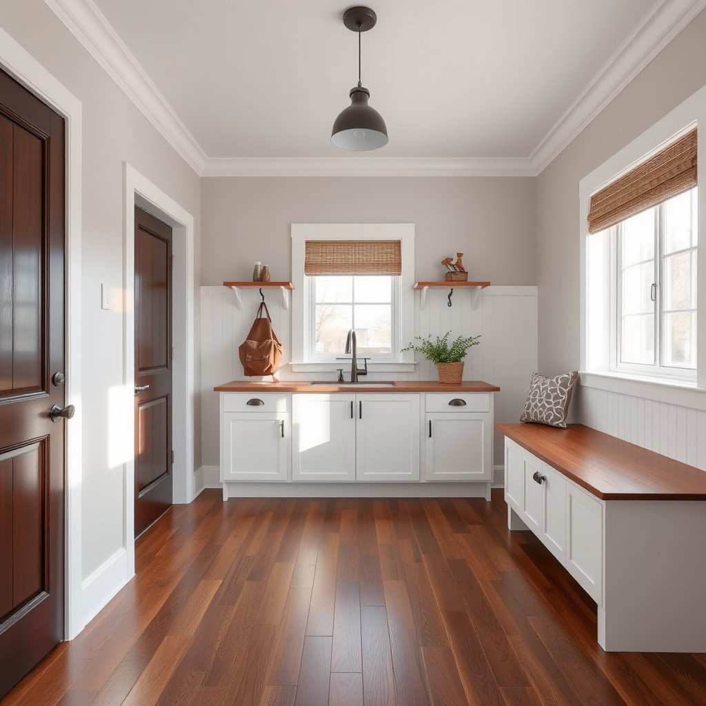 Different types of transitions for laminate floor edges in a mudroom installation.