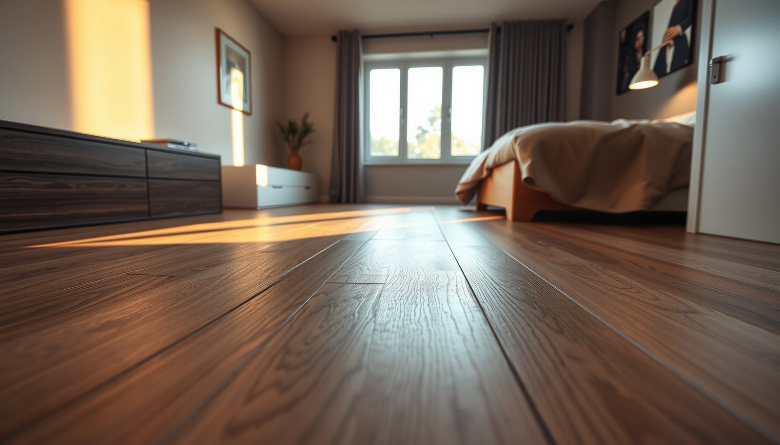 A beautifully designed bedroom featuring laminate flooring, showcasing tips for selection.