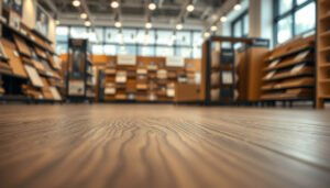 Guide on selecting laminate floors for retail store environments, showcasing various styles and colors.