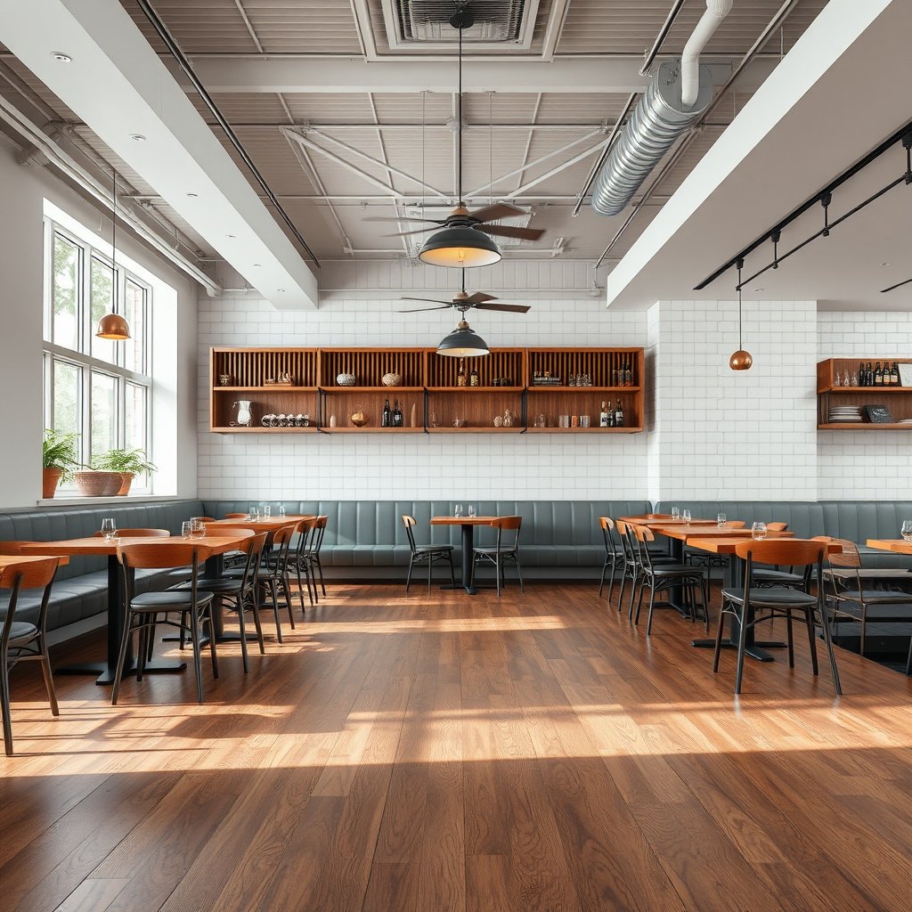 A selection of laminate flooring options with warranty information for waterproofing in restaurants.