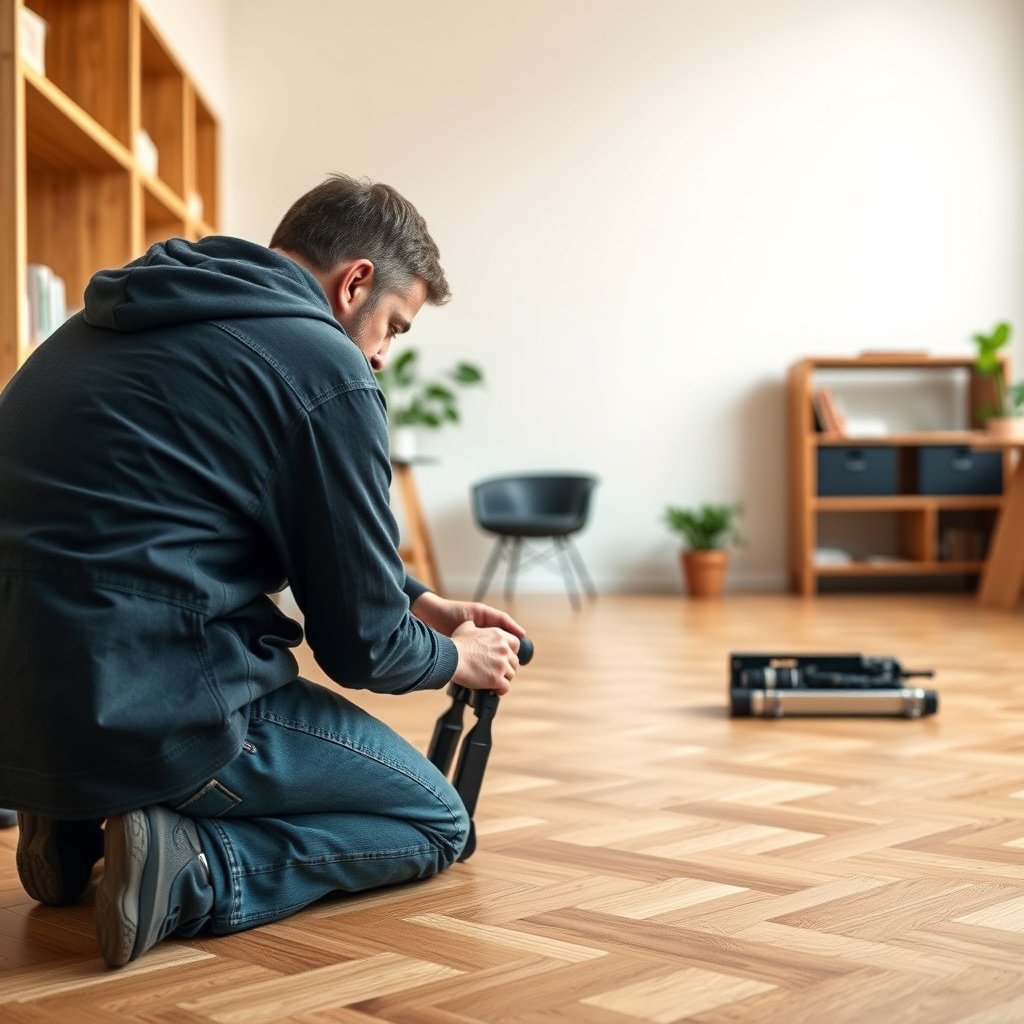 Visual guide on leveling methods for installing parquet floors on uneven surfaces with high and low areas.