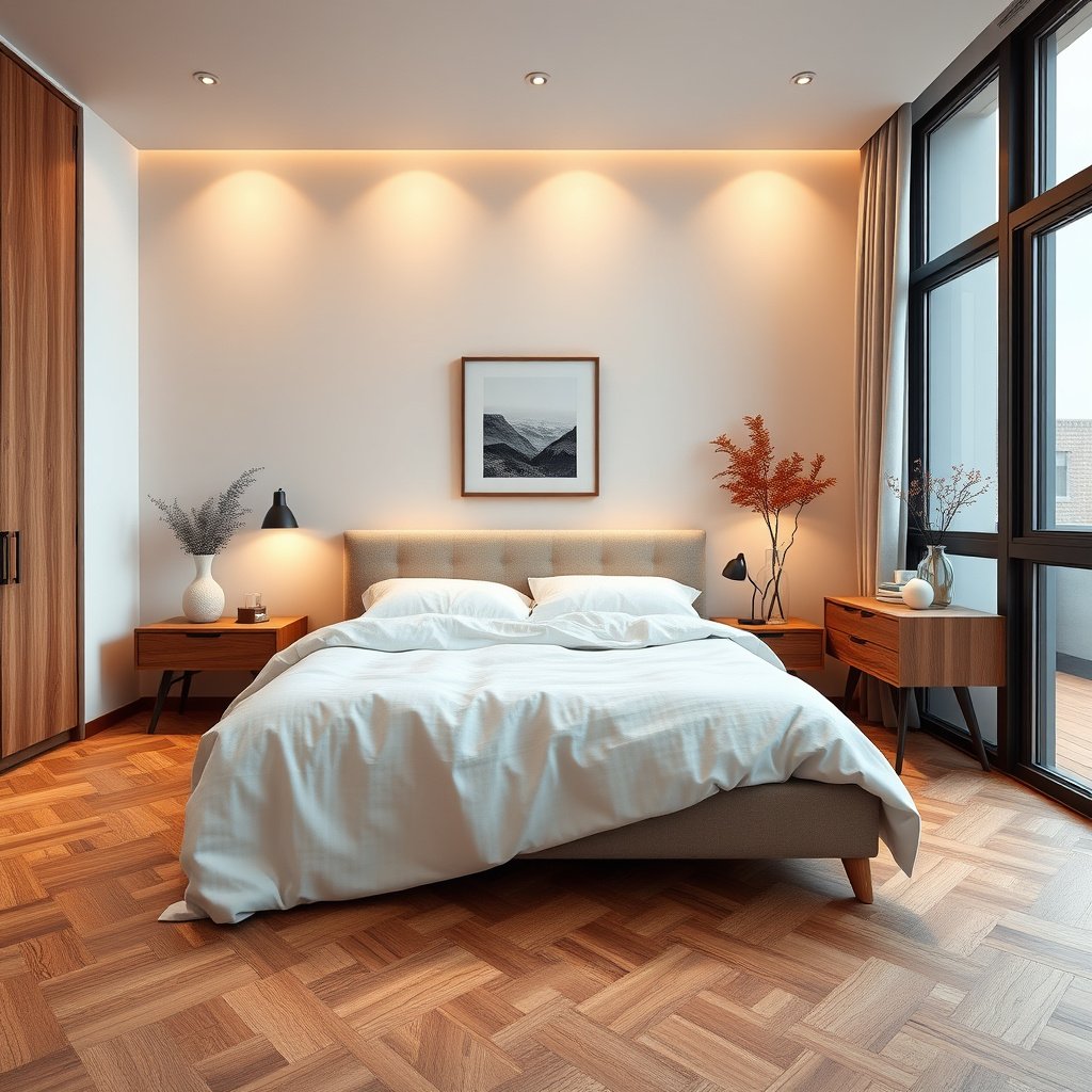 Comparison of glue, nail, and floating methods for installing parquet floors in a bedroom