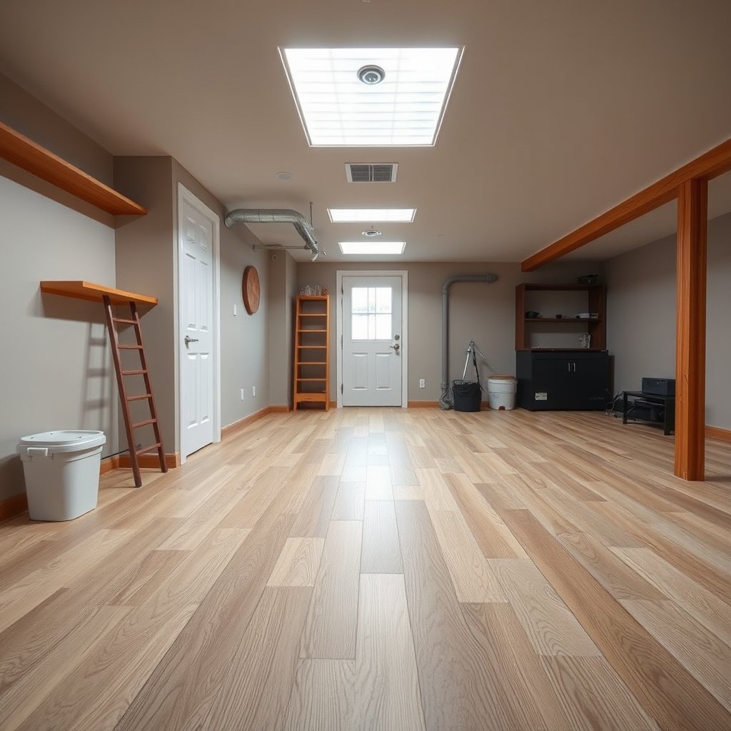 A variety of cleaners suitable for laminate floors in a basement preparation step.