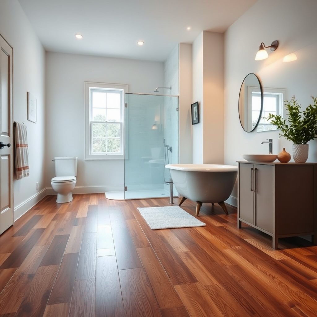 A close-up of hardwood floor finish options for bathroom maintenance.