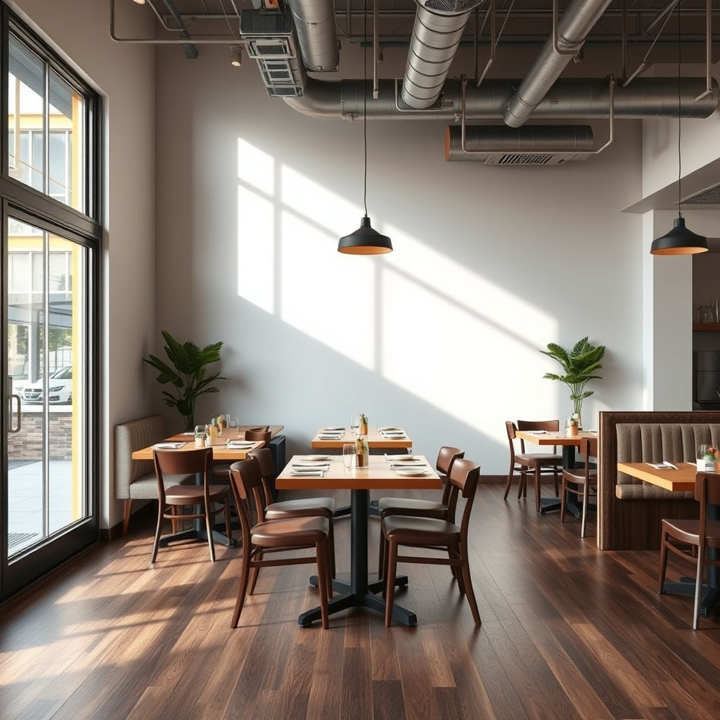 Different transition pieces for laminate floor edges in a restaurant setting.