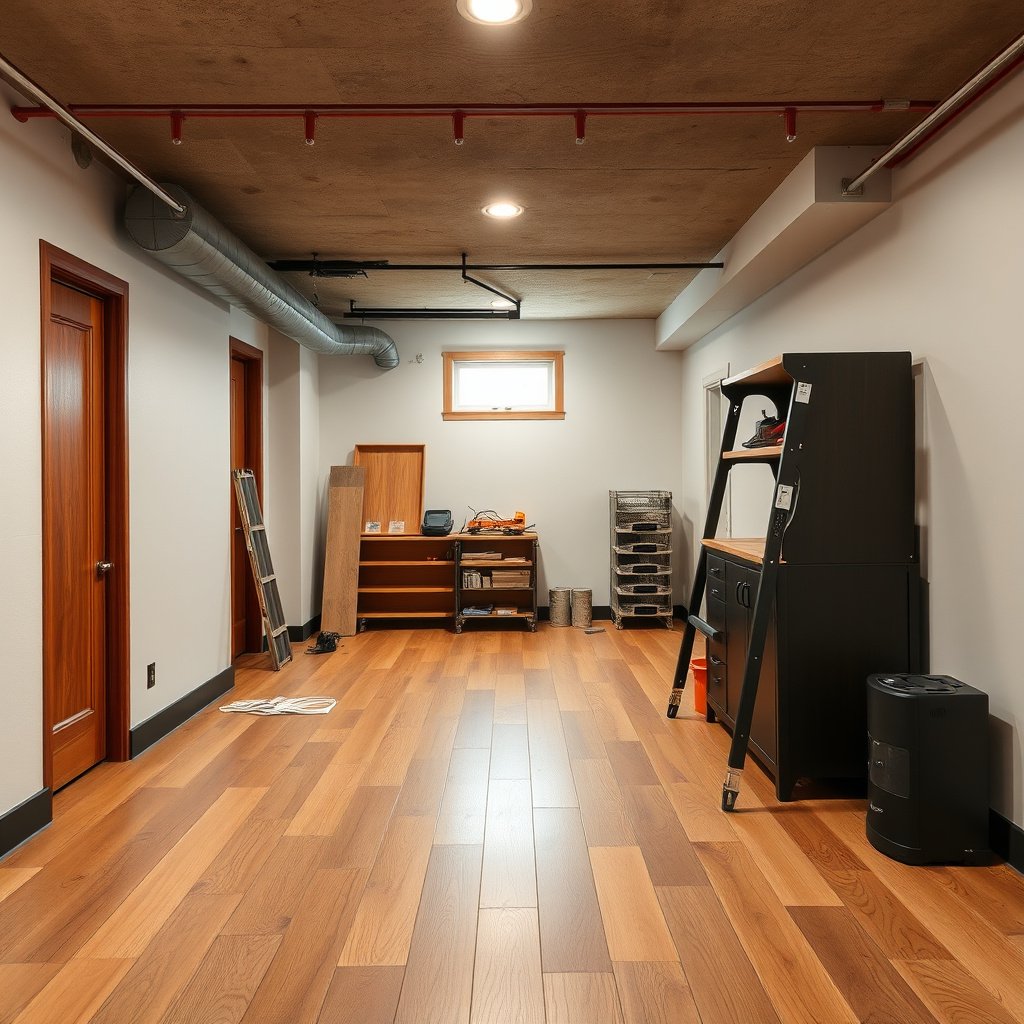 Different transition types for laminate floor height changes in a basement